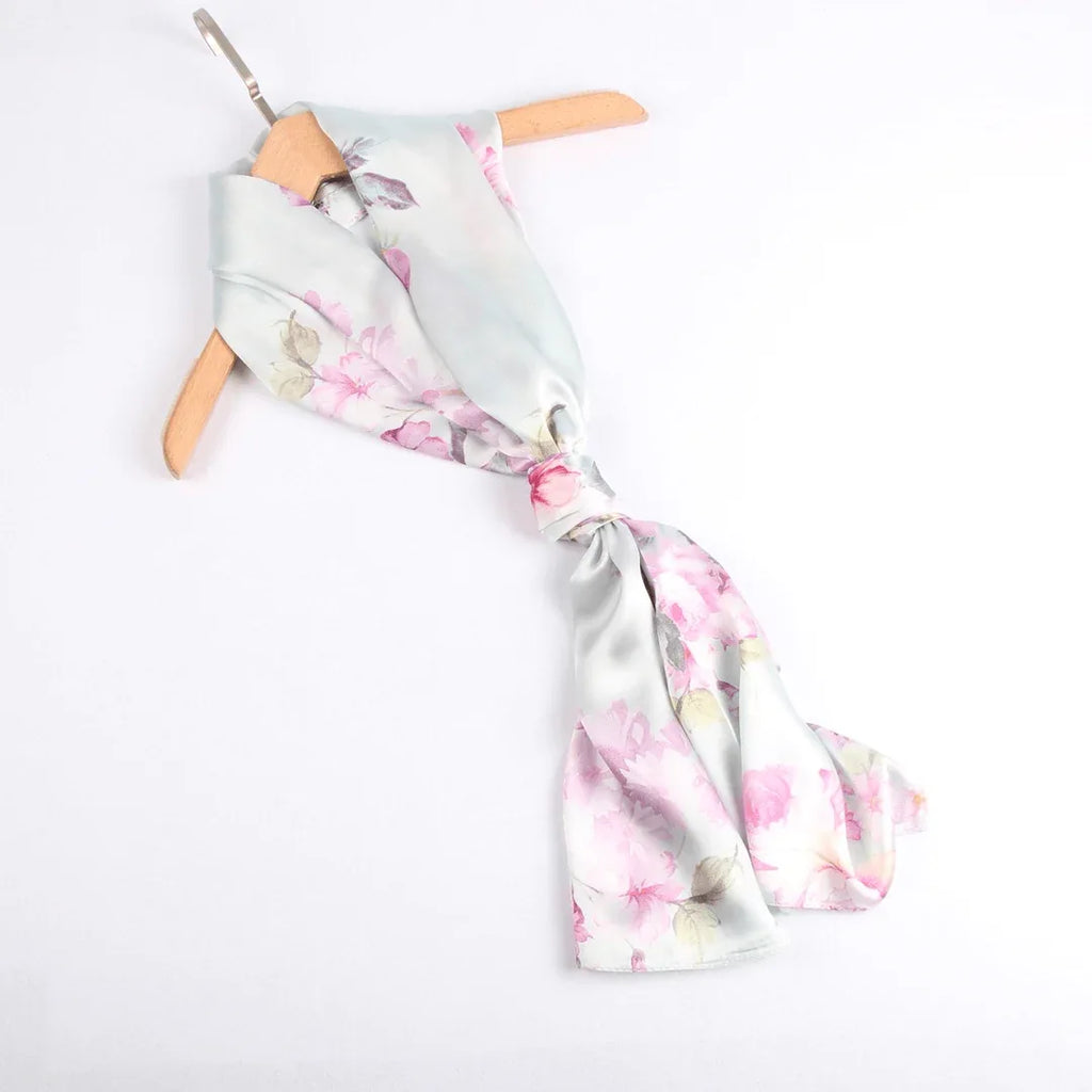Silk Scarf Collections|Blossom Range|China Rose|Silver|Long Silk Scarf - Vshine Silk and Shine 