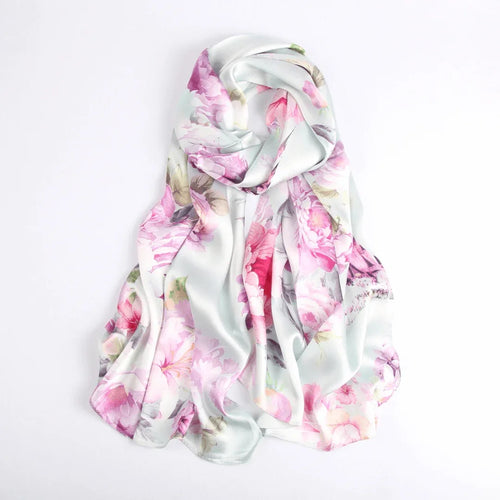 Silk Scarf Collections|Blossom Range|China Rose|Silver|Long Silk Scarf - Vshine Silk and Shine 