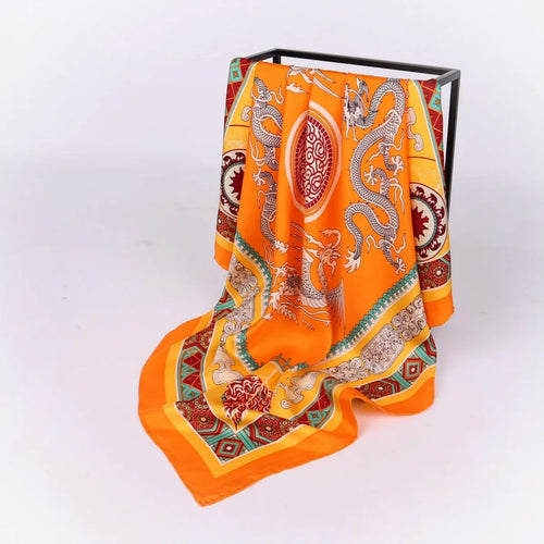 Large Square Silk Scarf Golden Dragon Orange - Vshine Silk and Shine 