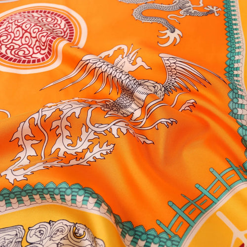 Large Square Silk Scarf Golden Dragon Orange - Vshine Silk and Shine 