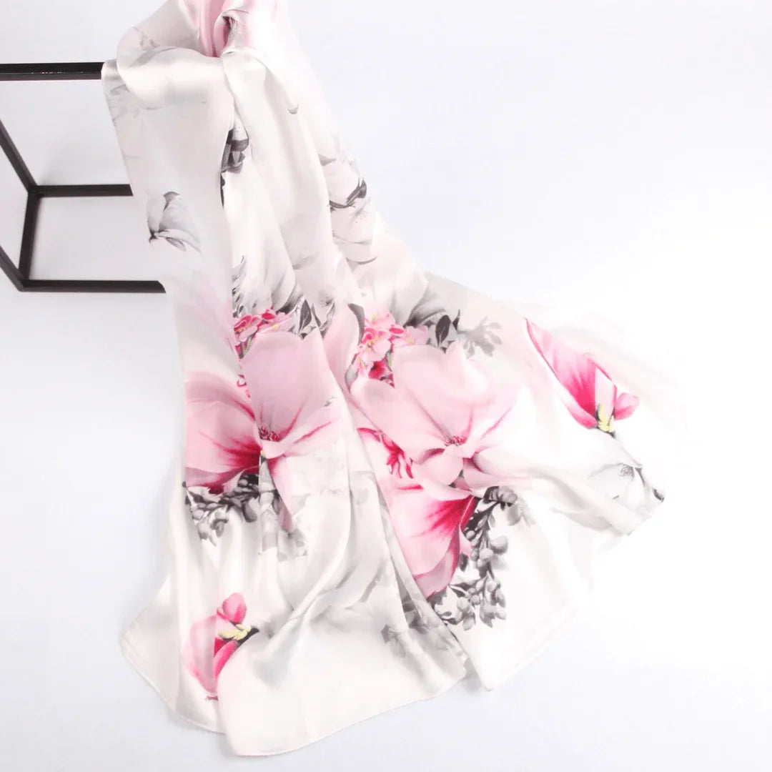 Silk Scarf Collections|Blossom Range|Magnolia Design|White|Long Silk Scarf - Vshine Silk and Shine 