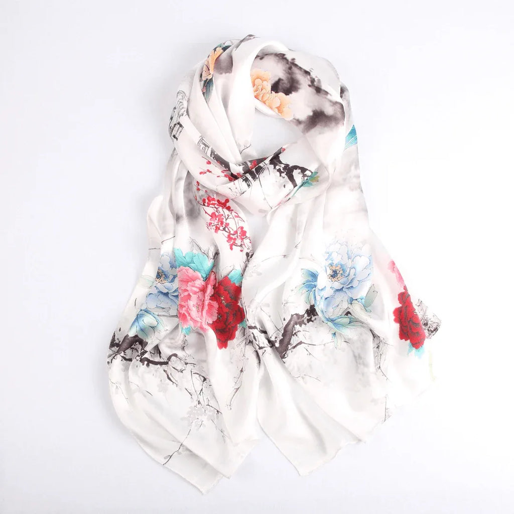 Silk Scarf Collections|Blossom Range|Floral Mix|White|Long Silk Scarf - Vshine Silk and Shine 