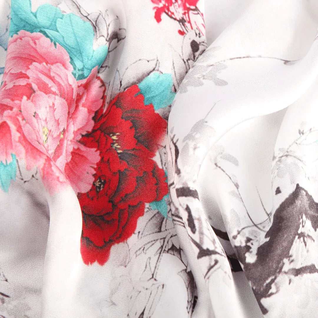 Silk Scarf Collections|Blossom Range|Floral Mix|White|Long Silk Scarf - Vshine Silk and Shine 
