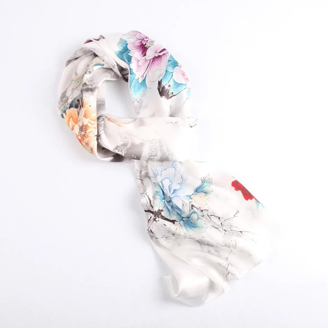 Silk Scarf Collections|Blossom Range|Floral Mix|White|Long Silk Scarf - Vshine Silk and Shine 