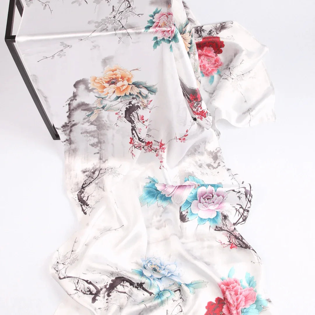 Silk Scarf Collections|Blossom Range|Floral Mix|White|Long Silk Scarf - Vshine Silk and Shine 