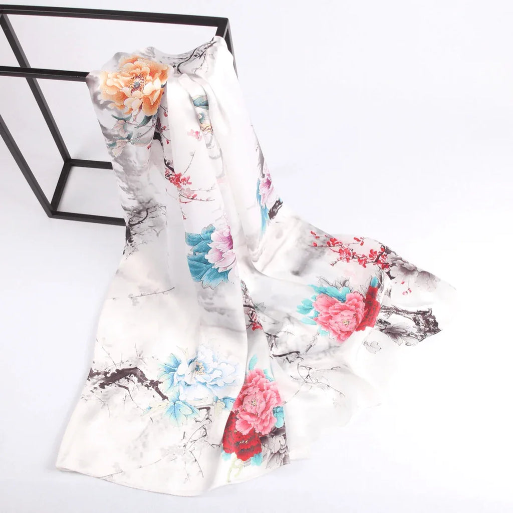 Silk Scarf Collections|Blossom Range|Floral Mix|White|Long Silk Scarf - Vshine Silk and Shine 