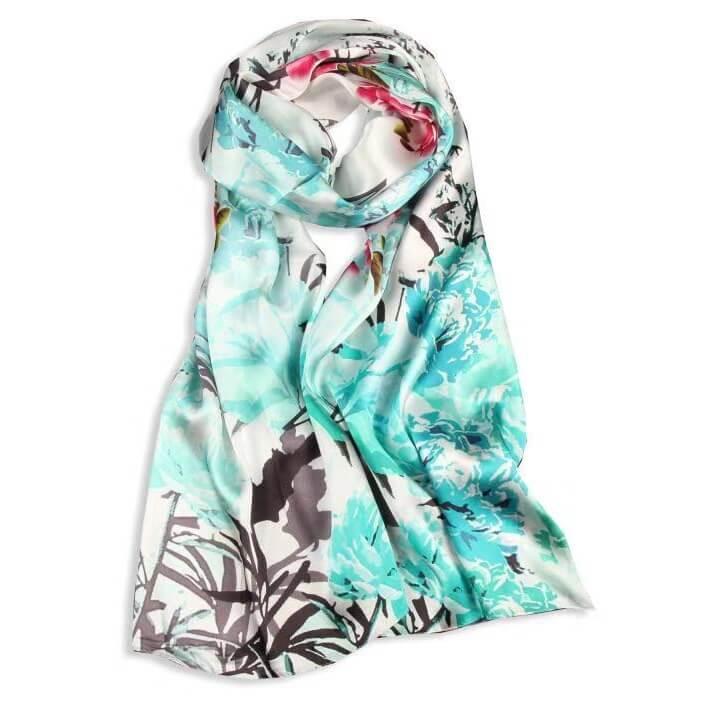 Silk Scarf Collections|Blossom Range|Spring Design|Green|Long Silk Scarf - Vshine Silk and Shine 