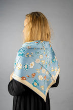 Large Square Twill Silk Scarf Spring Blossom Blue - Vshine Silk and Shine 
