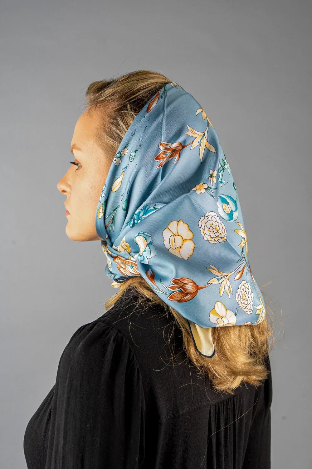100% Silk Small Square Scarf – Floral Blue/Green, Women's Neckerchief (20")