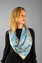 Large Square Twill Silk Scarf Spring Blossom Blue - Vshine Silk and Shine 