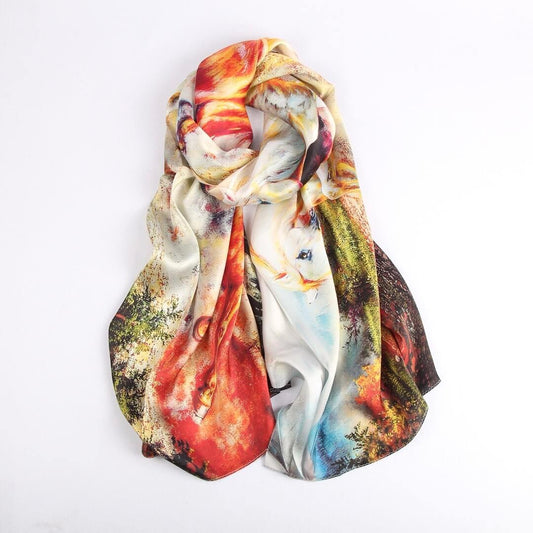 Vshine Silk and Shine Fashion Accessories|Silk Scarf Collections|Blossom Range|Horse Racing Design|Beige|Long Silk Scarf