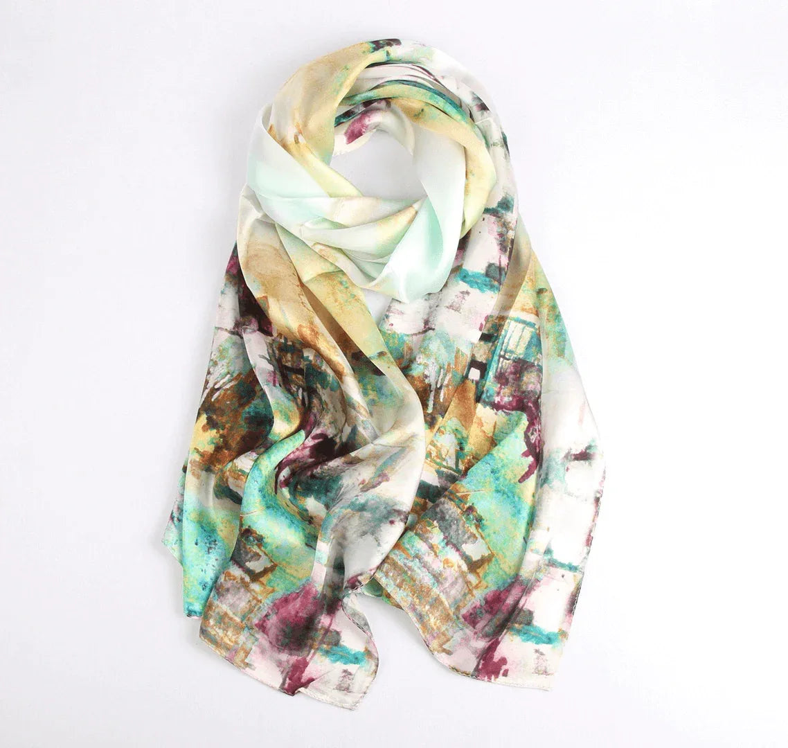 Silk Scarf Collections|Blossom Range|Impressionism Design|Beige|Long Silk Scarf - Vshine Silk and Shine 