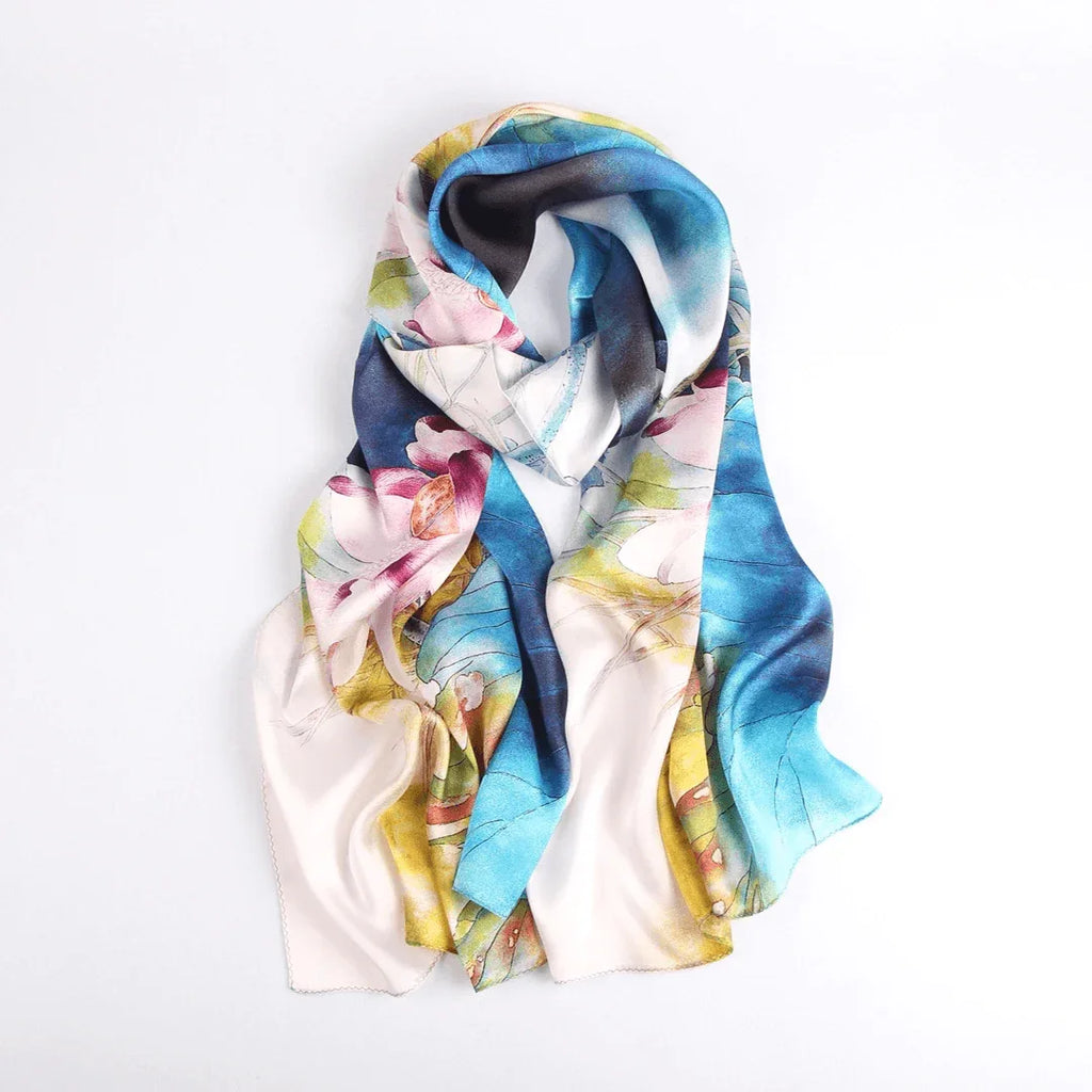 Silk Scarf Collections|Blossom Range|Lotus Blue Design|Blue|Long Silk Scarf - Vshine Silk and Shine 