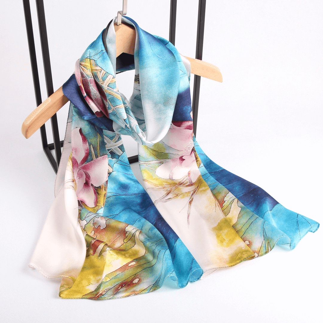 Vshine Silk and Shine Fashion Accessories|Silk Scarf Collections|Blossom Range|Lotus Blue Design|Blue|Long Silk Scarf