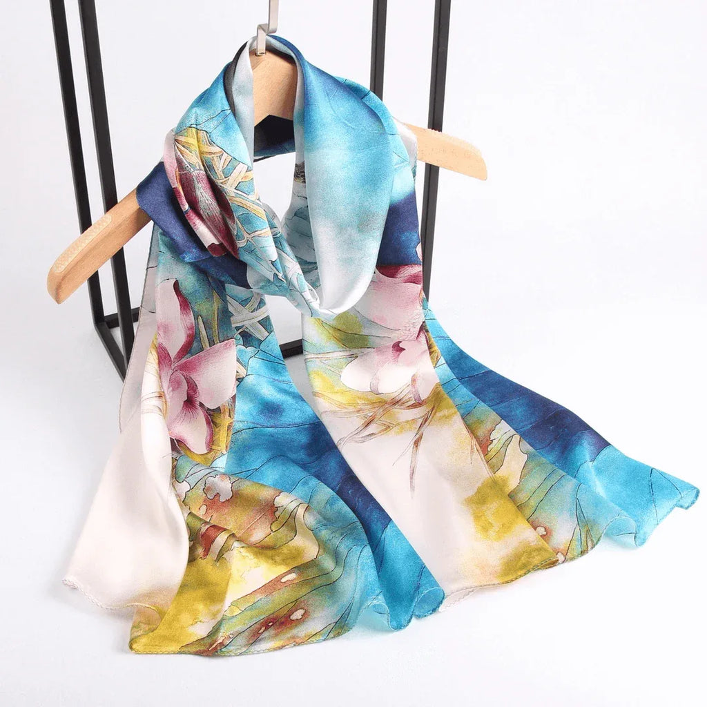Silk Scarf Collections|Blossom Range|Lotus Blue Design|Blue|Long Silk Scarf - Vshine Silk and Shine 