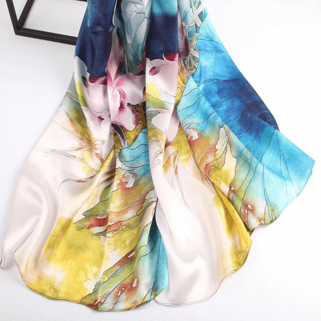 Silk Scarf Collections|Blossom Range|Lotus Blue Design|Blue|Long Silk Scarf - Vshine Silk and Shine 