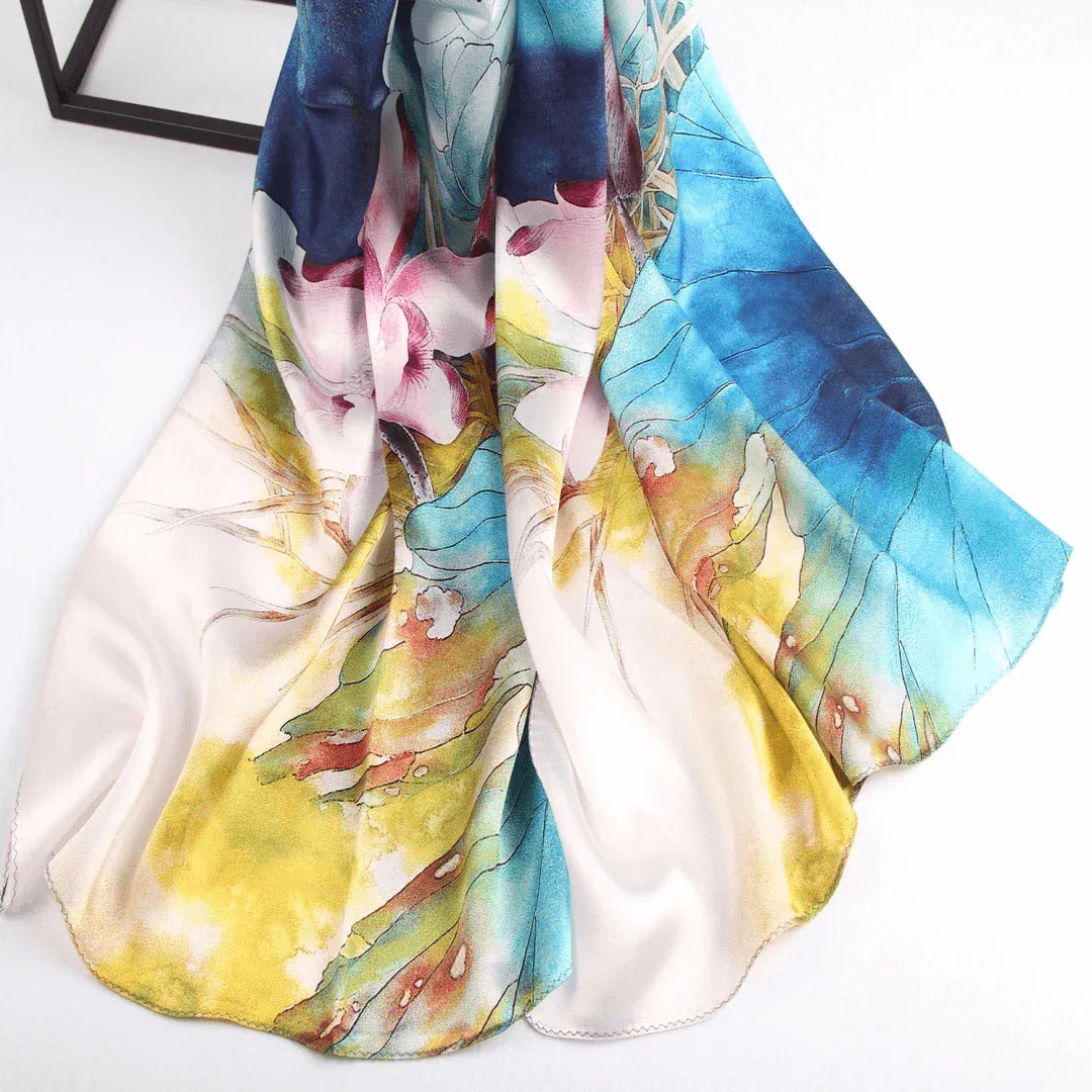 Silk Scarf Collections|Blossom Range|Lotus Blue Design|Blue|Long Silk Scarf - Vshine Silk and Shine 
