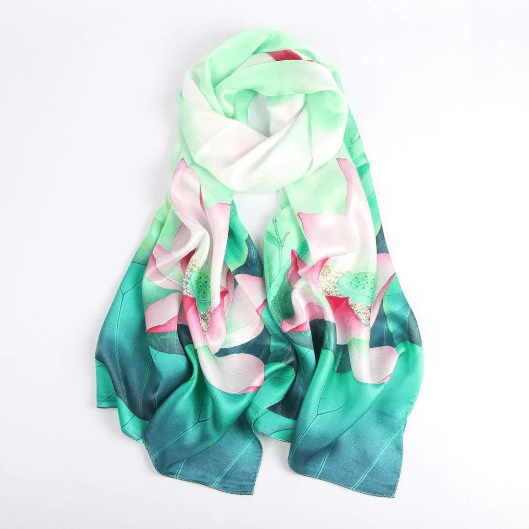 Silk Scarf Collections|Blossom Range|Lotus Design|Green|Long Silk Scarf - Vshine Silk and Shine 