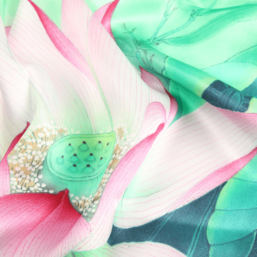 Vshine Silk and Shine Fashion Accessories|Silk Scarf Collections|Blossom Range|Lotus Design|Green|Long Silk Scarf