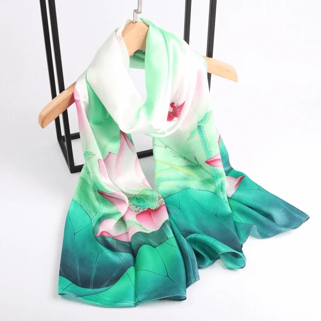 Silk Scarf Collections|Blossom Range|Lotus Design|Green|Long Silk Scarf - Vshine Silk and Shine 