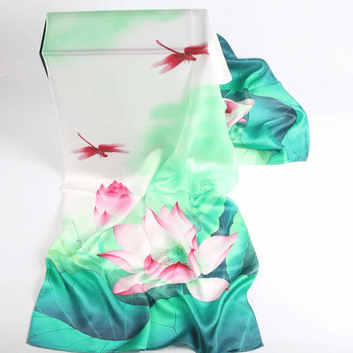 Silk Scarf Collections|Blossom Range|Lotus Design|Green|Long Silk Scarf - Vshine Silk and Shine 