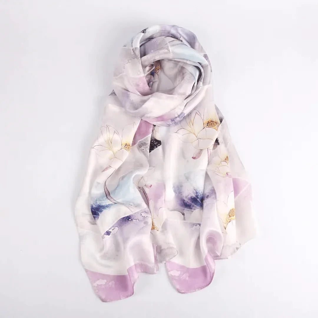 Silk Scarf Collections|Blossom Range|Lotus Design|Lilac|Long Silk Scarf - Vshine Silk and Shine 