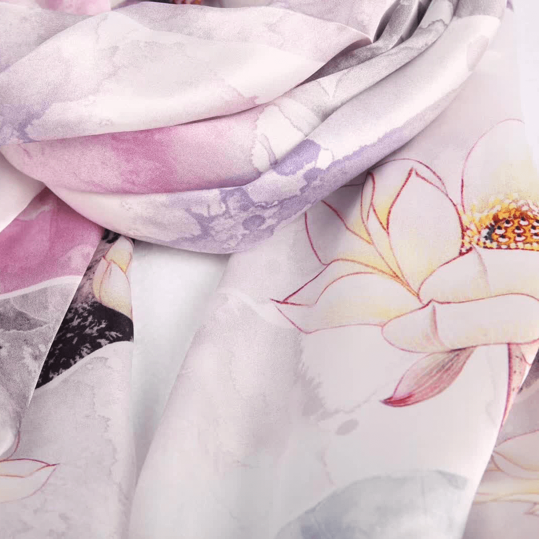 Vshine Silk and Shine Fashion Accessories|Silk Scarf Collections|Blossom Range|Lotus Design|Lilac|Long Silk Scarf