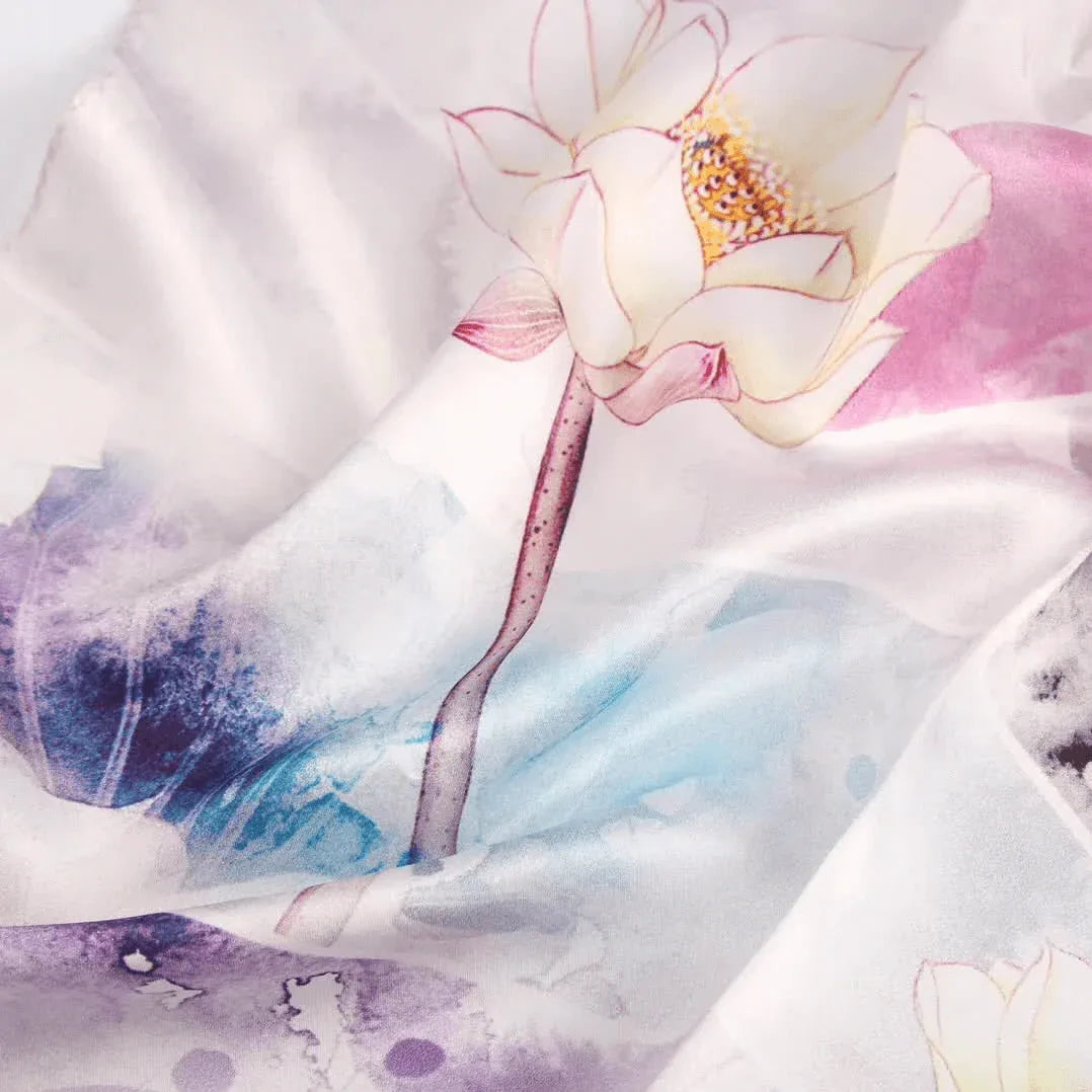 Silk Scarf Collections|Blossom Range|Lotus Design|Lilac|Long Silk Scarf - Vshine Silk and Shine 