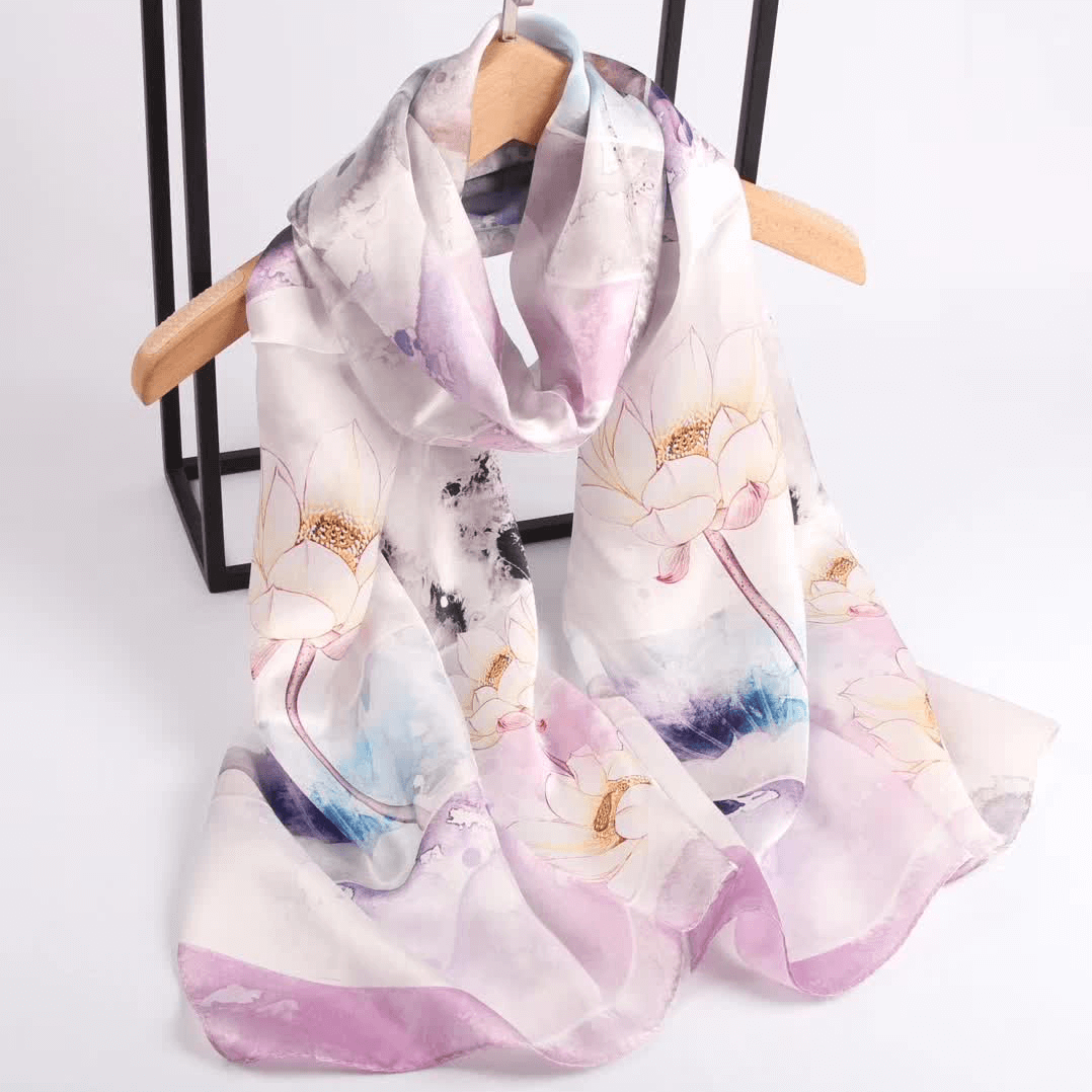 Vshine Silk and Shine Fashion Accessories|Silk Scarf Collections|Blossom Range|Lotus Design|Lilac|Long Silk Scarf
