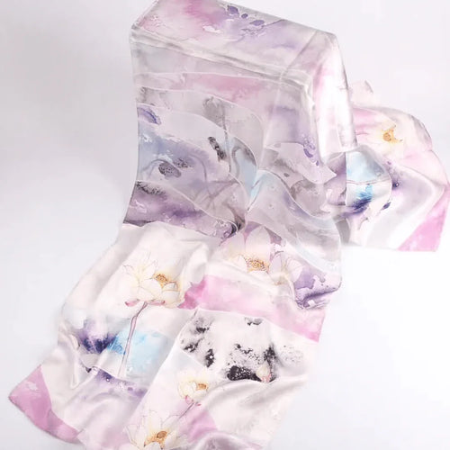 Silk Scarf Collections|Blossom Range|Lotus Design|Lilac|Long Silk Scarf - Vshine Silk and Shine 