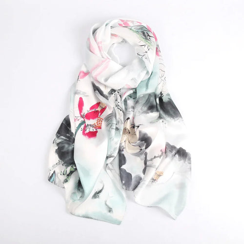 Silk Scarf Collections|Blossom Range|Lotus Design|White|Long Silk Scarf - Vshine Silk and Shine 