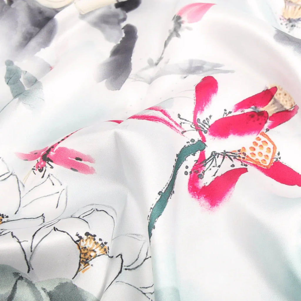 Silk Scarf Collections|Blossom Range|Lotus Design|White|Long Silk Scarf - Vshine Silk and Shine 