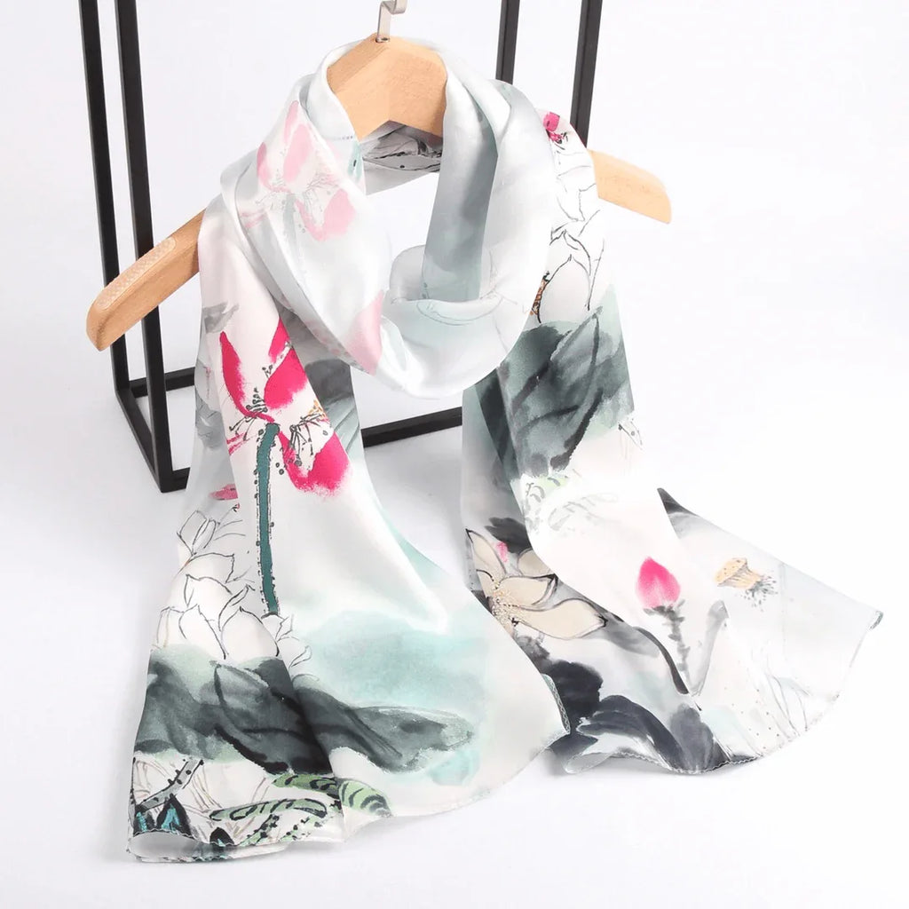 Silk Scarf Collections|Blossom Range|Lotus Design|White|Long Silk Scarf - Vshine Silk and Shine 