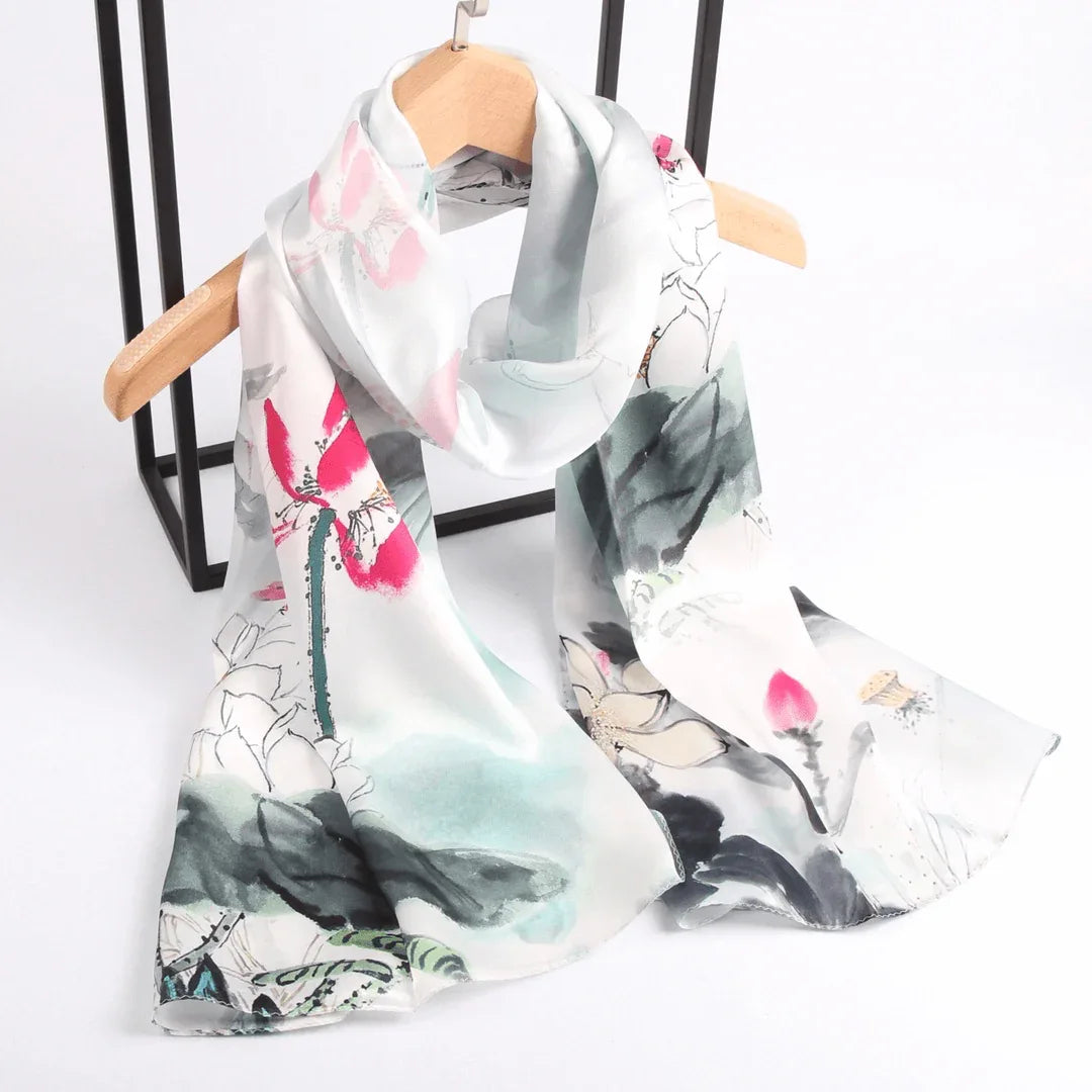 Silk Scarf Collections|Blossom Range|Lotus Design|White|Long Silk Scarf - Vshine Silk and Shine 