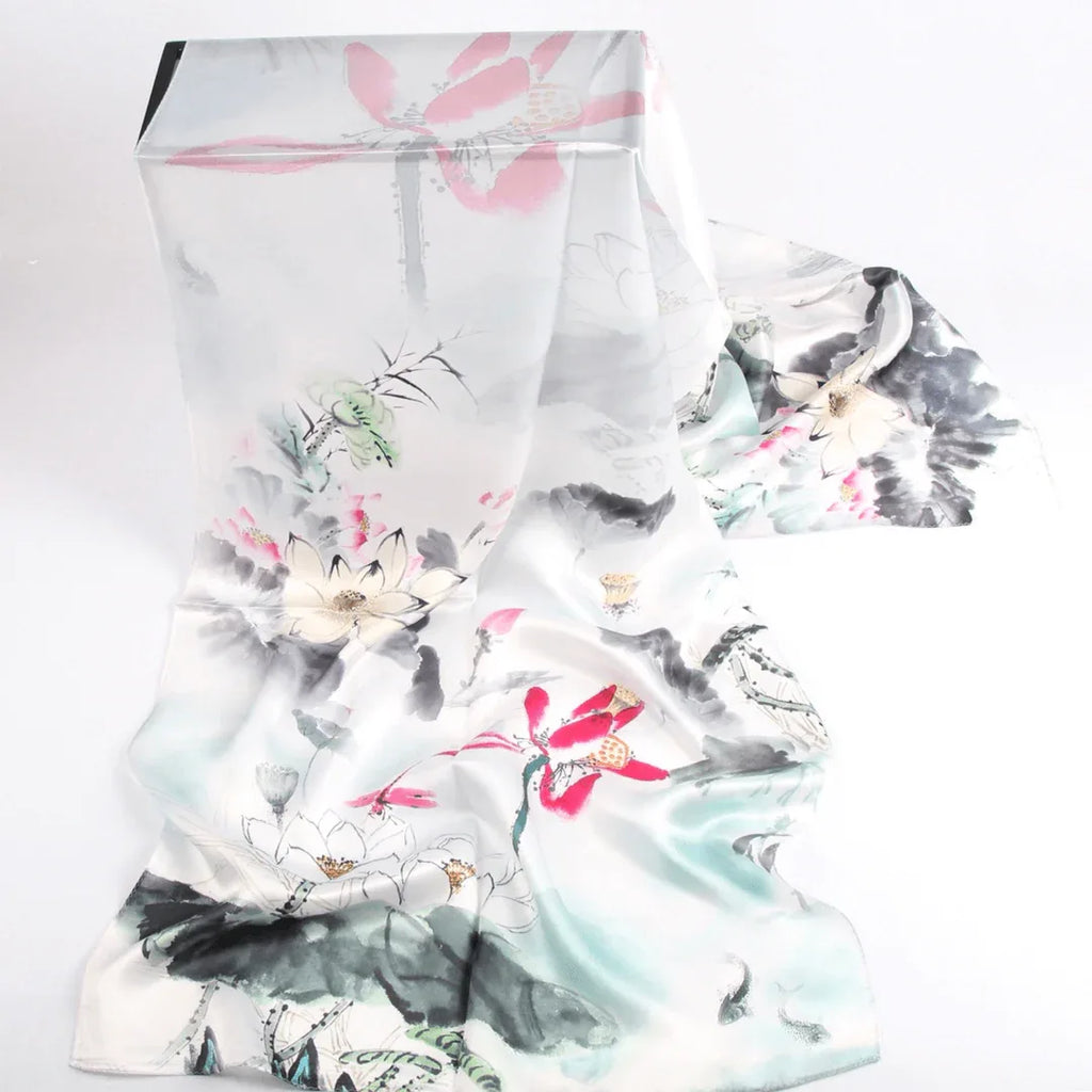 Silk Scarf Collections|Blossom Range|Lotus Design|White|Long Silk Scarf - Vshine Silk and Shine 