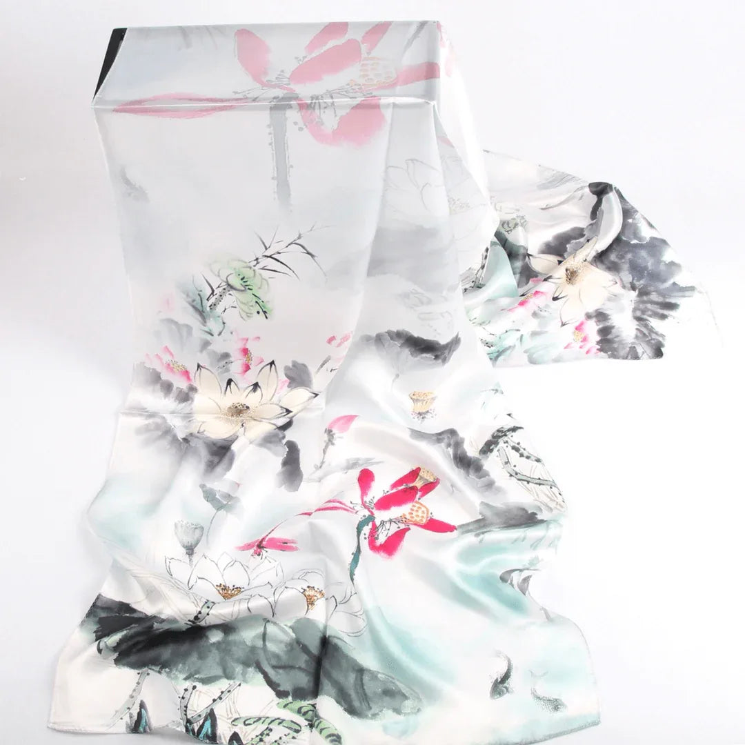 Silk Scarf Collections|Blossom Range|Lotus Design|White|Long Silk Scarf - Vshine Silk and Shine 