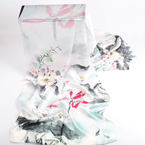 Silk Scarf Collections|Blossom Range|Lotus Design|White|Long Silk Scarf - Vshine Silk and Shine 