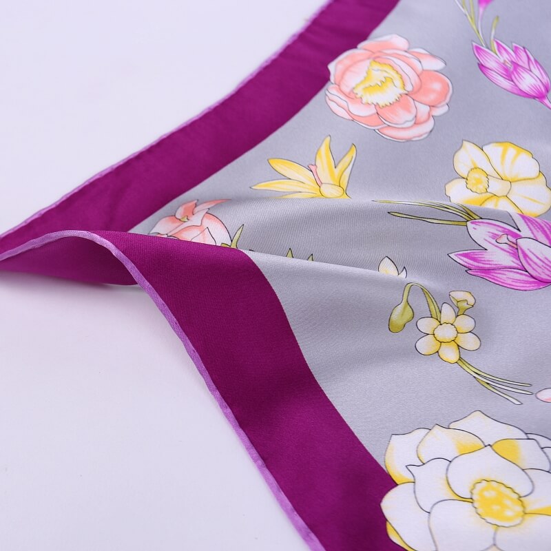 Large Square Satin Silk Scarf Spring Blossom Purple - Vshine Silk and Shine 
