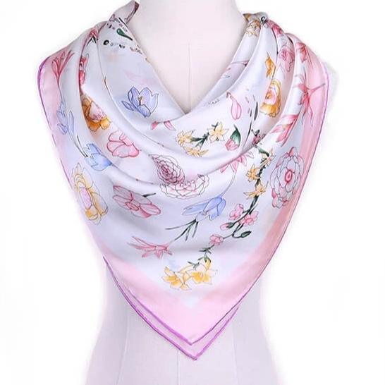 Large Square Satin Silk Scarf Spring Blossom Pink - Vshine Silk and Shine 