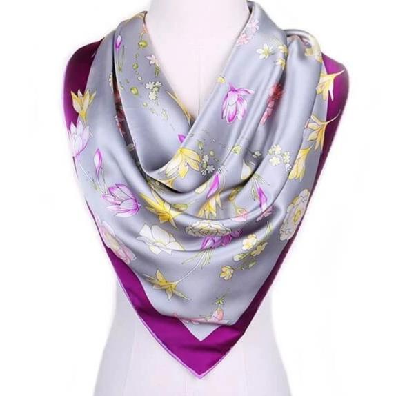 Large Square Satin Silk Scarf Spring Blossom Purple - Vshine Silk and Shine 