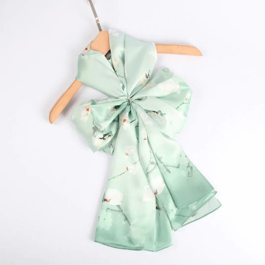 Silk Scarf Collections|Blossom Range| Magnolia Design|Green|Long Silk Scarf - Vshine Silk and Shine 
