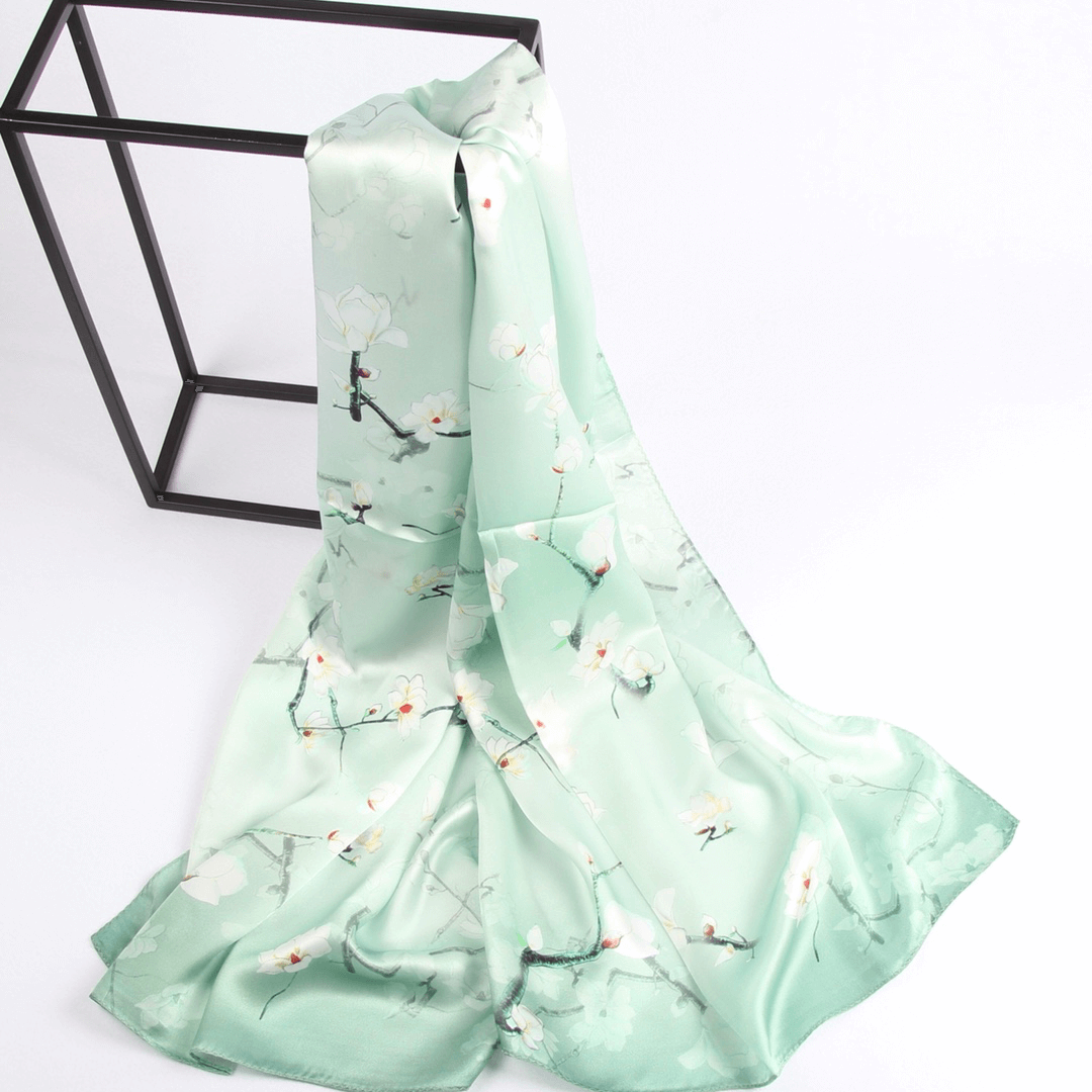 Vshine Silk and Shine Fashion Accessories|Silk Scarf Collections|Blossom Range| Magnolia Design|Green|Long Silk Scarf