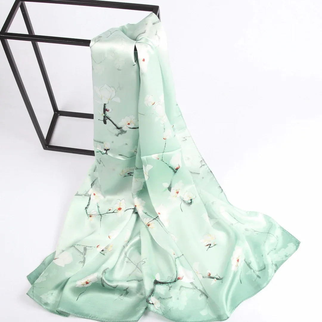 Silk Scarf Collections|Blossom Range| Magnolia Design|Green|Long Silk Scarf - Vshine Silk and Shine 