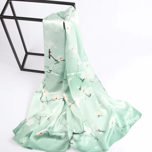 Silk Scarf Collections|Blossom Range| Magnolia Design|Green|Long Silk Scarf - Vshine Silk and Shine 