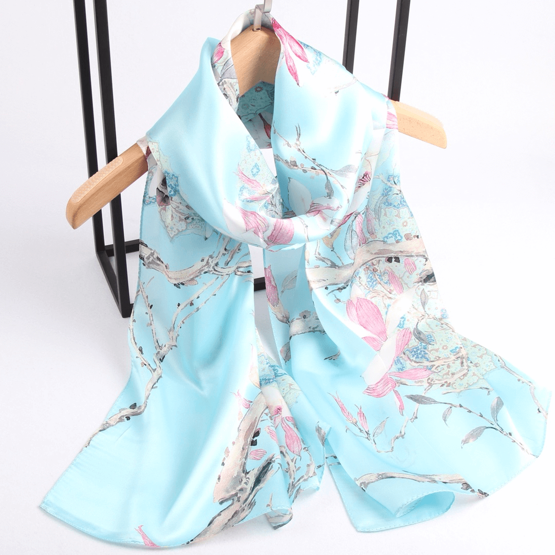 Vshine Silk and Shine Fashion Accessories|Silk Scarf Collections|Blossom Range|Magnolia Design|Blue|Long Silk Scarf
