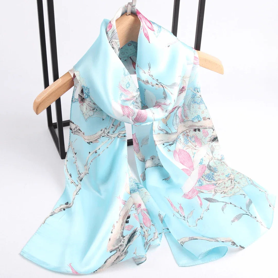 Silk Scarf Collections|Blossom Range|Magnolia Design|Blue|Long Silk Scarf - Vshine Silk and Shine 
