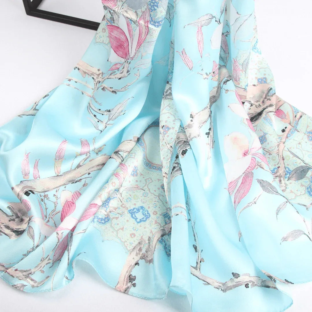 Silk Scarf Collections|Blossom Range|Magnolia Design|Blue|Long Silk Scarf - Vshine Silk and Shine 