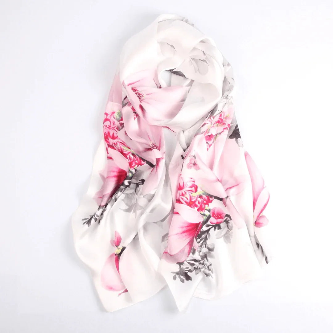 Silk Scarf Collections|Blossom Range|Magnolia Design|White|Long Silk Scarf - Vshine Silk and Shine 