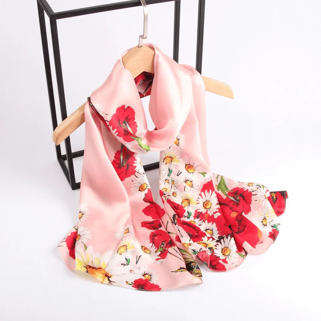 Silk Scarf Collecitons|Blossom Range|Poppy Daisy Design|Red|Long Silk Scarf - Vshine Silk and Shine 
