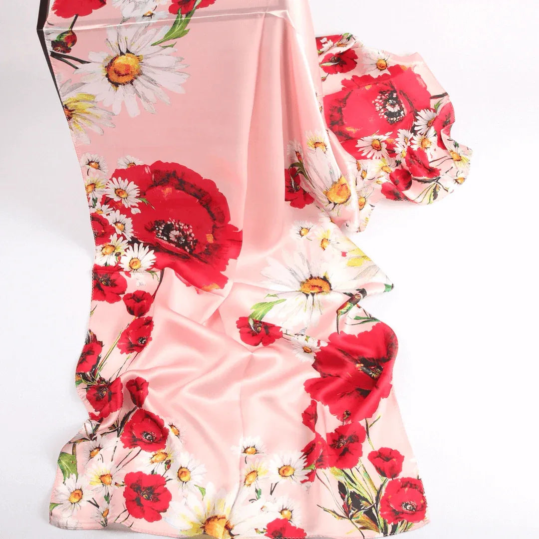 Silk Scarf Collecitons|Blossom Range|Poppy Daisy Design|Red|Long Silk Scarf - Vshine Silk and Shine 